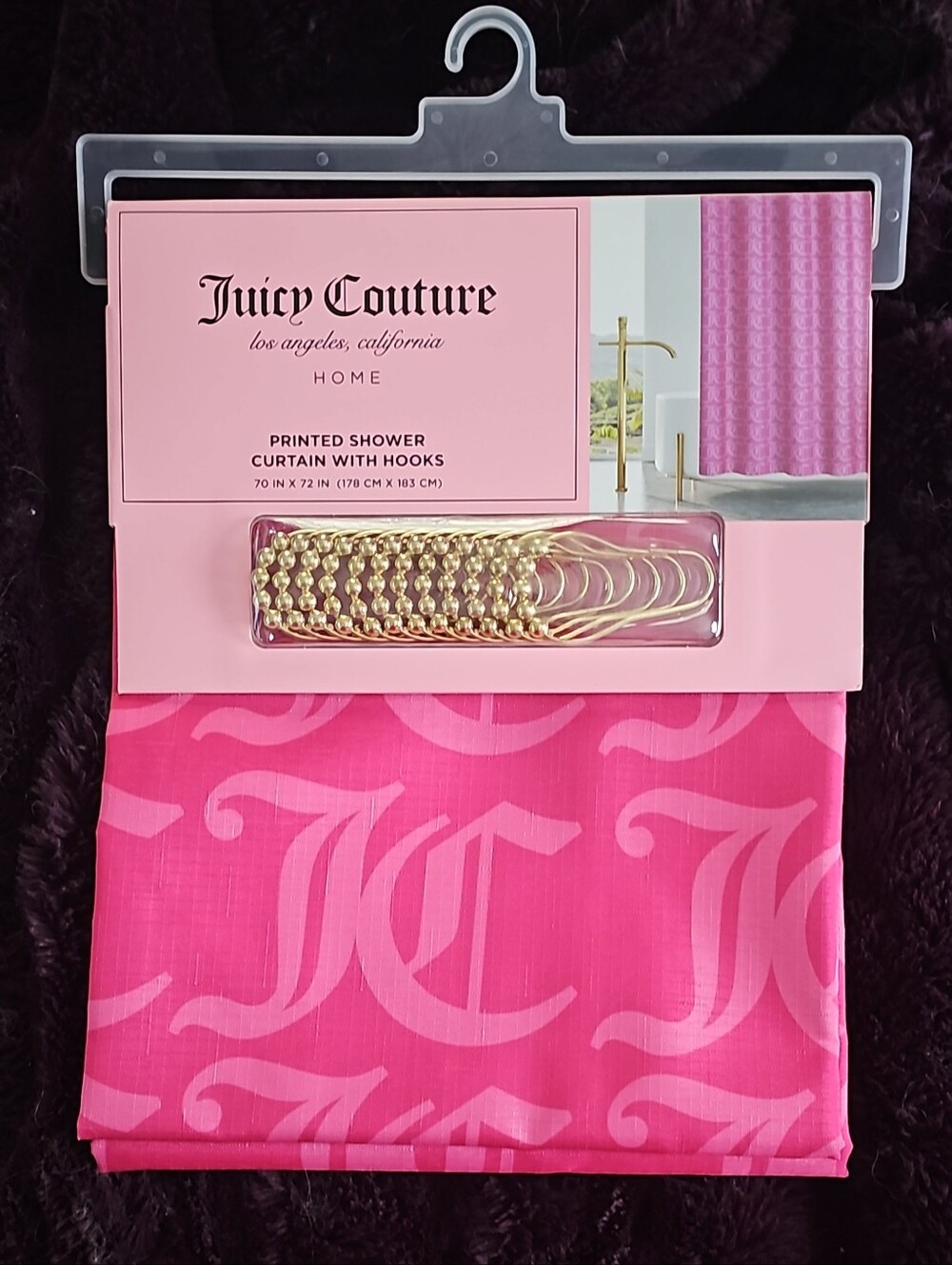 Juicy Couture Pink Shower Curtain with Gold Hooks